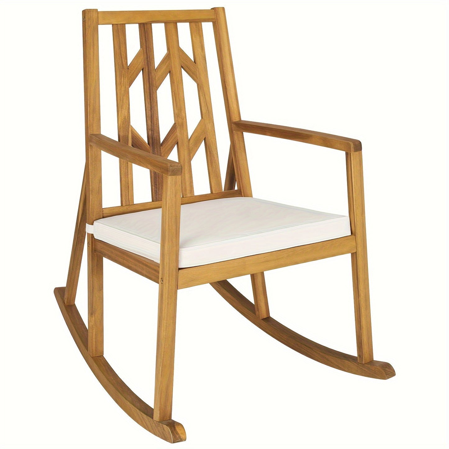 Elegant Acacia Wood Patio Rocking Chair with Cozy White Cushioned Seat, Armrests, and High Backrest - Sturdy, Safe Design for Garden or Deck Use, Outdoor Patio Furniture