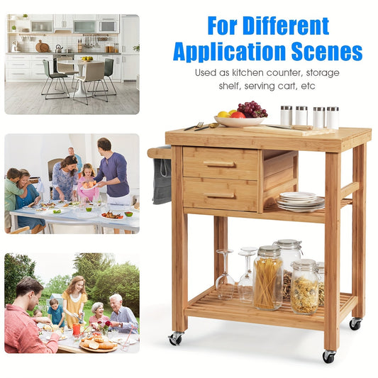Bamboo Rolling Kitchen Trolley Cart With Towel Rack And Drawers, Classic Style, Portable Wood Island On Wheels, Versatile Storage For Home And Dining