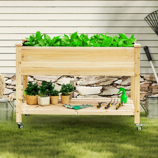 Elevated Mobile Wooden Garden Bed on Lockable Wheels, Versatile Free-Standing Planter Box for Flowers, Ideal for Patio Spaces, Multi-Purpose Vegetable Bed with Integrated Storage Shelf, Natural