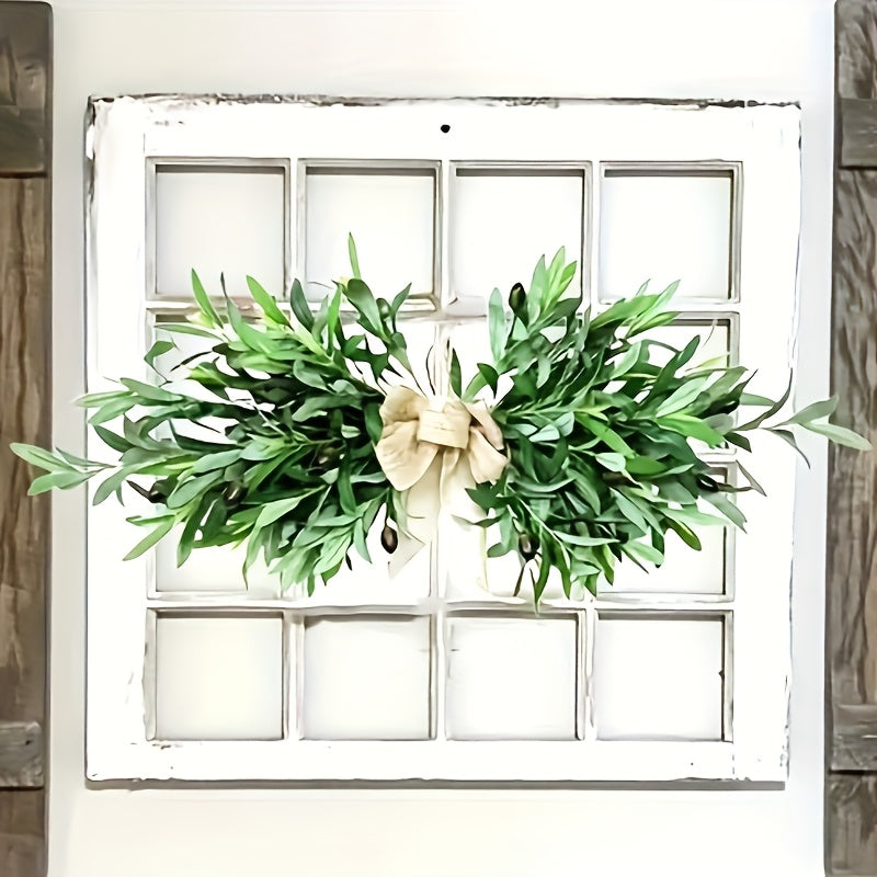 Artificial Olive Leaf Wreath with Country-Style Linen Bow - Plastic Green Plant Wall Decoration for Weddings, Christmas And June Festivals, Maintenance-Free Home Decoration, Farmhouse Door Wall Decoration, Holiday Embellishment