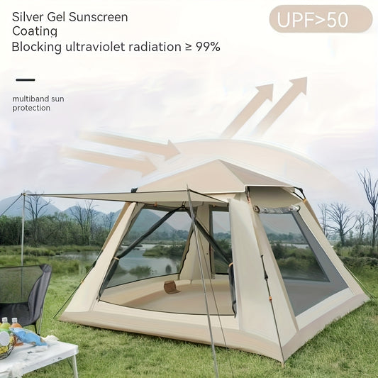 Family Camping Tent with Canopy - Quick Setup, Windproof, All-Season Design with Mosquito Netting & UV Protection, Durable Oxford Fabric, Beige Multi-Band Sunshade, Ideal for Outdoor Adventures & Camping Accessories, Allseason Camping