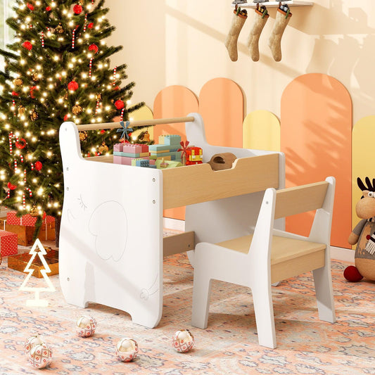 Kids Table and Chair Set, Wooden Activity Desk and Chair Set with 2in 1 Detachable Tabletop, Storage and Paper Roll Holder for Classroom, Home, Nursery and Playroom, Natural White