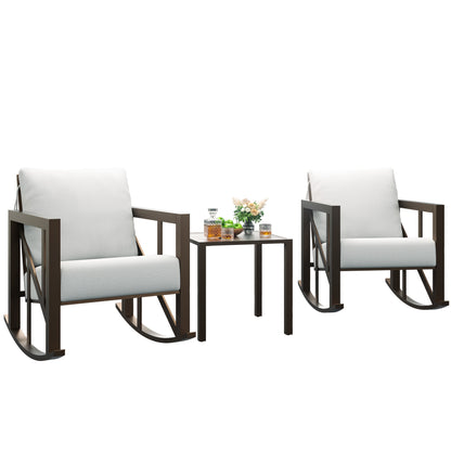 Patio Bistro Rocking Chair Set, 3pcs Outdoor Conversation Furniture Set with 2 Rockers And 1 Metal Coffee Table with Thick Cushions for Backyard, Porch, Poolside, 300lbs