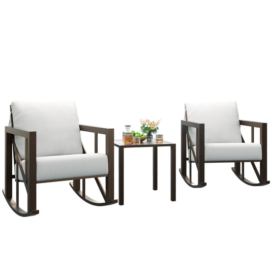 Patio Bistro Rocking Chair Set, 3pcs Outdoor Conversation Furniture Set with 2 Rockers And 1 Metal Coffee Table with Thick Cushions for Backyard, Porch, Poolside, 300lbs