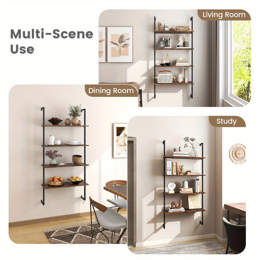 4-Tier Bookshelf, Wall-Mounted Ladder Shelf with Metal Frame, Industrial Display Storage Shelf for Study, Living Room & Kitchen, Brown