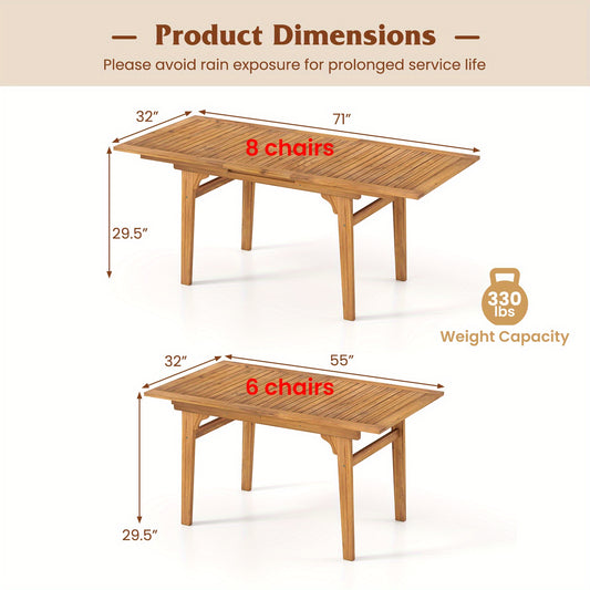 Expandable Outdoor Dining Table for 6-8 Person, 55" -71" Acacia Wood Patio Table with 1. 97" Umbrella Hole and Slatted Tabletop, Rectangular Table for Garden, Yard, Deck