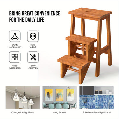 3-in-1 Folding Step Stool | 24" | Rubber Wood | Durable & Portable, Sturdy Ant-Slip Surface, 200 lbs Capacity Per Pedal | Home, Garage, or Garden Use | Rustic Wood | Secure Connection Joints