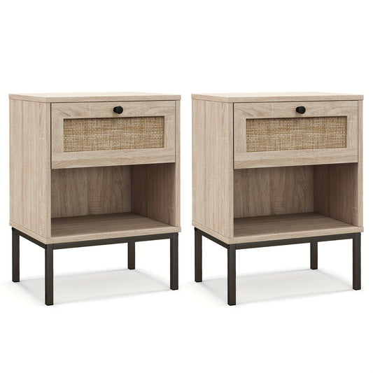 [Boho Style] Rattan Nightstand | 2pcs | Rattan | with Drawer & Open Shelf | Living Room | Boho