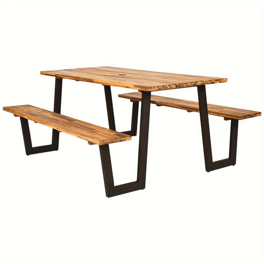 Picnic Table Bench Set Outdoor Camping Wooden 2 Benches w/Umbrella Hole Patented
