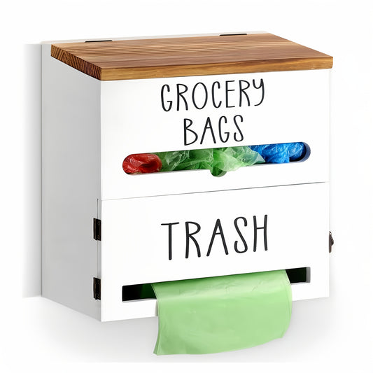 2-in-1 Wooden Garbage Bag Dispenser & Organizer, Large Capacity, Wall-Mount Or Cabinet Hanging Storage for Kitchen And Bathroom Essentials, White/Black