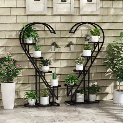 5 Tier Metal Plant Stand, Heart-shaped Ladder Plant Holder w/Hanging Hook for Multiple Plants, Indoor Corner Flower Rack for Home Decor, Patio, Balcony, Garden, Black/White/Pink & Blue