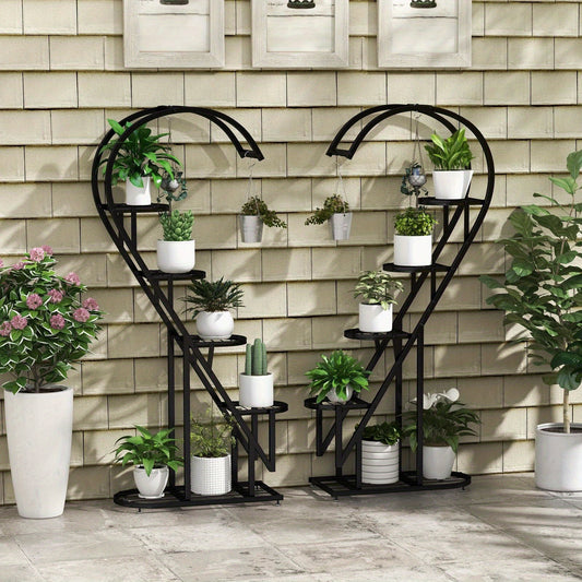 5 Tier Metal Plant Stand, Heart-shaped Ladder Plant Holder w/Hanging Hook for Multiple Plants, Indoor Corner Flower Rack for Home Decor, Patio, Balcony, Garden, Black/White/Pink & Blue