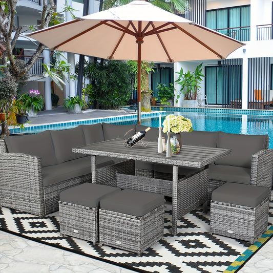 7pcs Patio Rattan Dining Set, Sectional Sofa Couch Ottoman For Garden Gray