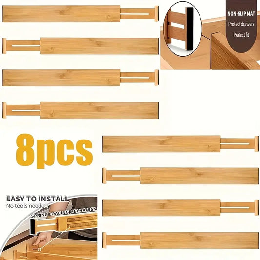 Natural Bamboo Spring Adjustable Drawer Dividers – Versatile & Durable Organizer for Kitchen, Bedroom, Wardrobe, and Cabinets, Perfect for Efficient Storage and Clutter Solution, Kitchen Organizers And Storage, Desk & Drawer Organizer for Home Storage