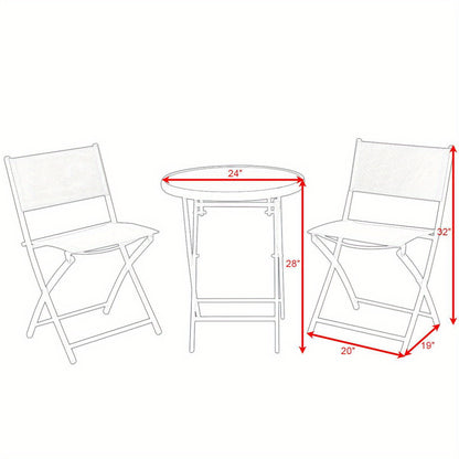 3pcs Elegant Folding Bistro Set with Black Tempered Glass Top - Durable Metal Frame & Textile Fiber Seats, Easy Clean - Ideal for Patio, Garden, Deck - No Assembly Required, Outdoor Patio Furniture