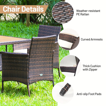 5pcs Patio Dining Set with Acacia Wood Table and PE Rattan Arm Chairs, Mixed Brown & Off White, Patio Dining Table Set, Wooden Table Top