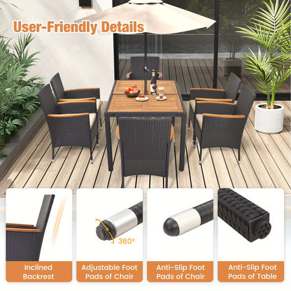 7pcs Outdoor Dining Set for 6 W/ Umbrella Hole Acacia Wood Tabletop Poolside