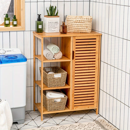 Bathroom Cabinet Bamboo Storage Floor Cabinet w/ Single Door & 3 Open Shelves