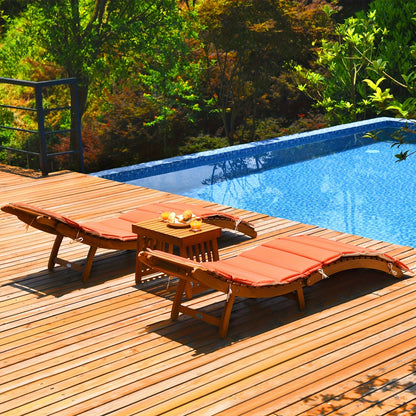 3pcs Wooden Folding Patio Lounge Chair Table Set, Red/White Cushion Pad Pool Deck