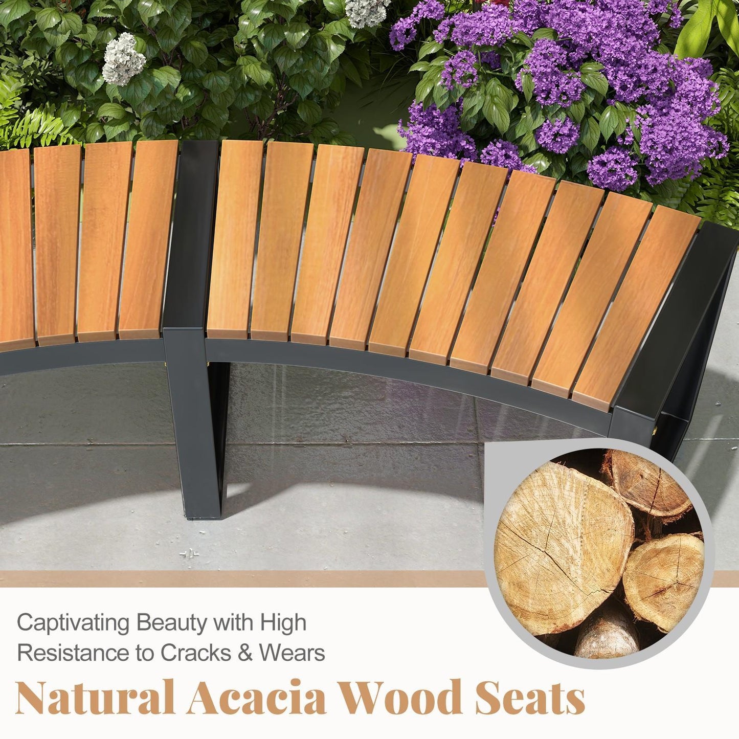 Acacia Wood Patio Bench Set - Curved Fire Pit Seat with Slatted Design & Metal Legs, Outdoor 2-Person Backless Bench for Yard, Garden, Porch, 800 LBS Max Load
