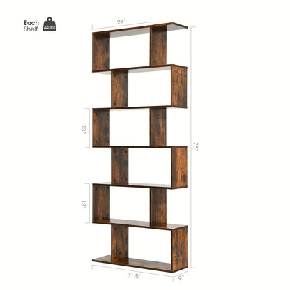 6-Tier S-Shaped Bookshelf - Modern Hardwood Display Shelving Unit with Anti-Tip Design, 75" Height, 44 lbs Weight Capacity, Perfect for Living Room, Study, or Bedroom Decor, Bookshelf Decorations