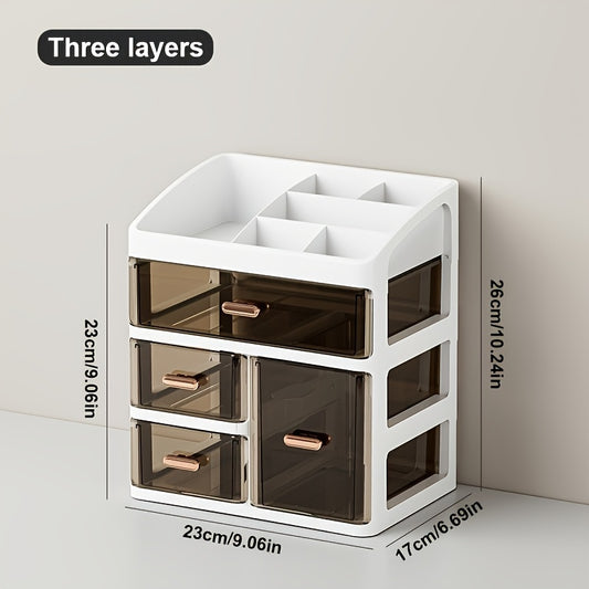 Elegant 3/4-Tier Polished Plastic Cosmetic Organizer for Women - Hypoallergenic, Dustproof Makeup & Skincare Storage Case with Drawers, Large Capacity Display for Perfume, Creams, Masks - No Assembly Required