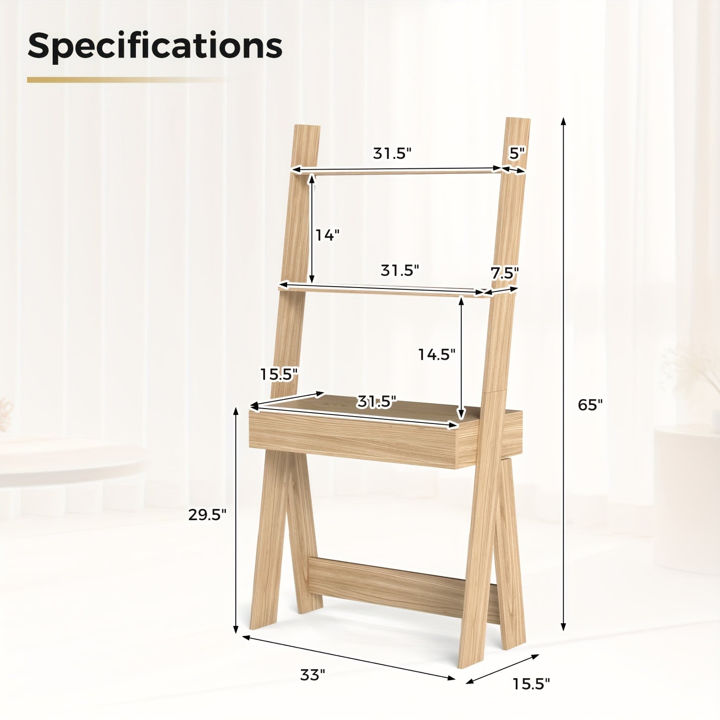 Ladder Shelf Desk Bookcase w/Countertop, Drawer & 2 Shelves Bookshelf