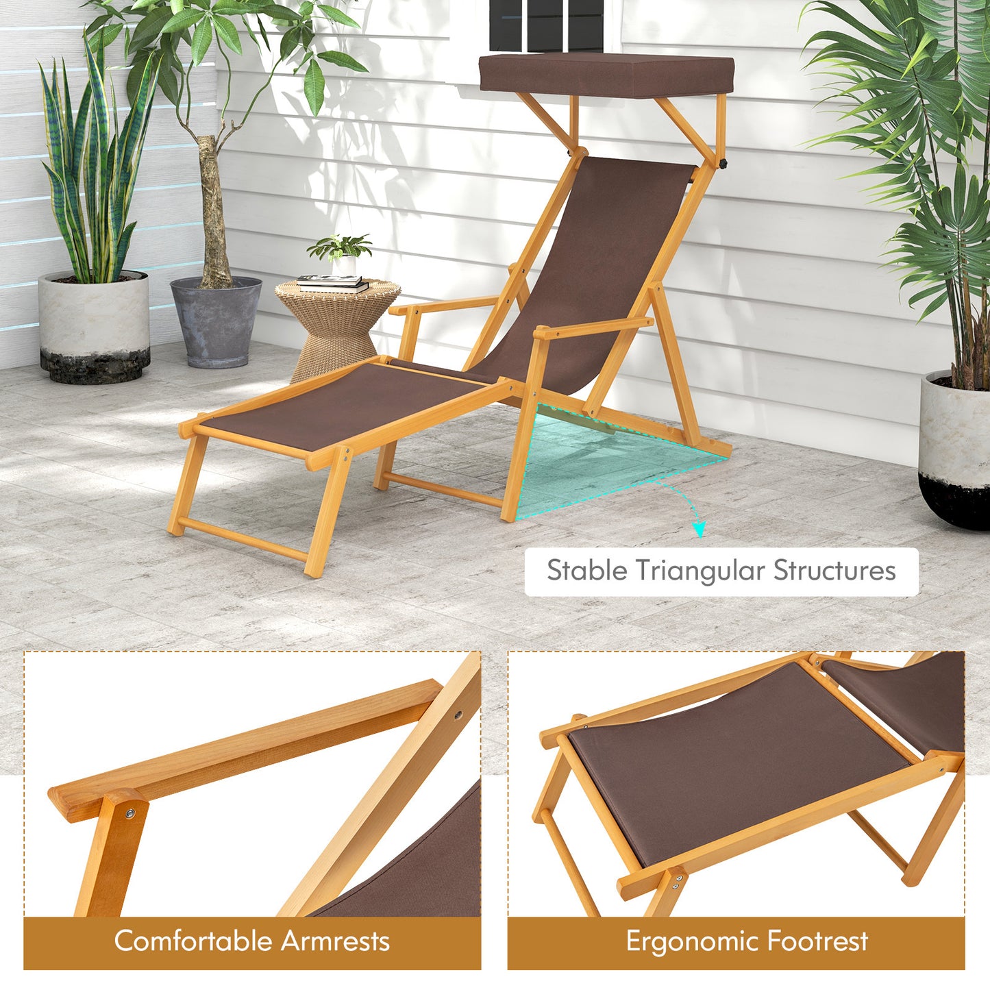 Birch Wood Chaise Lounge Chair, Foldable Beach Lounge Chair with Adjustable Canopy, Reclining Backrest and Footrest, Outdoor Camping Chair with Replacements for Patio, Poolside and Deck