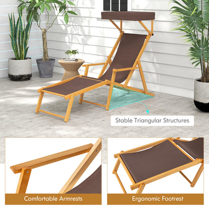 Birch Wood Chaise Lounge Chair, Foldable Beach Lounge Chair with Adjustable Canopy, Reclining Backrest and Footrest, Outdoor Camping Chair with Replacements for Patio, Poolside and Deck