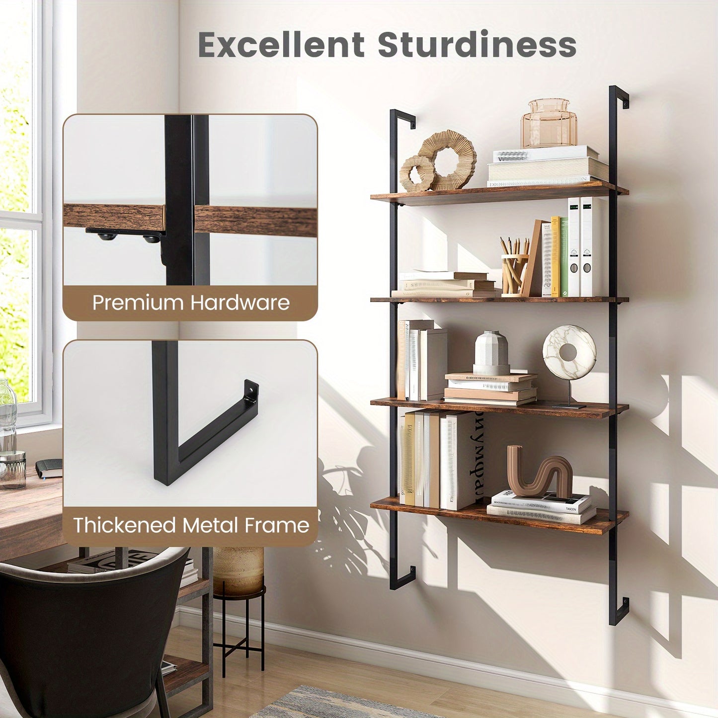4-Tier Bookshelf, Wall-Mounted Ladder Shelf with Metal Frame, Industrial Display Storage Shelf for Study, Living Room & Kitchen, Brown