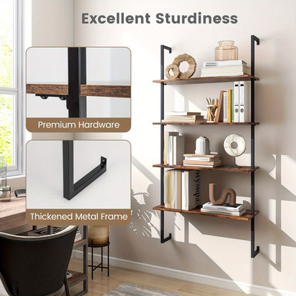4-Tier Bookshelf, Wall-Mounted Ladder Shelf with Metal Frame, Industrial Display Storage Shelf for Study, Living Room & Kitchen, Brown