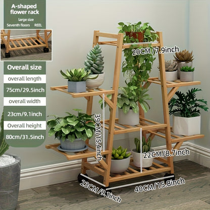3-Tier Wooden Plant Stand with Wheels - Mobile Indoor/Outdoor Rolling Shelf for Potted Plants, Space-Saving A-Frame Design, Rustic Home Decor & Gardening Tool Organizer, Durable Wooden Construction