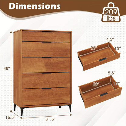 5-Drawer Dresser Mid-Century Modern Freestanding Chest with Sturdy Metal Legs & Interlock System, Cherry Finish Engineered Wood & MDF Organizer for Bedroom, Living Room, Hallway - Easy Assembly, Adjustable Feet, Anti-Tip Design