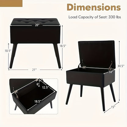 20" Ottoman With Storage - Makeup Vanity Bench With Flip Top Storage, Wood Legs, Upholstered Tufted Storage Ottoman Side Table, Footrest Entryway Stool For Bedroom Living Room.
