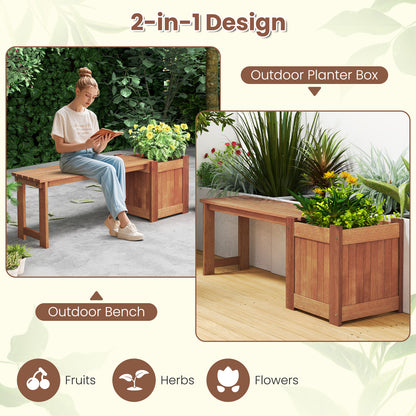 Hardwood Flower Box w/ Bench, Outdoor Raised Garden Bed w/ Spacious Seat, Open-ended Bottom, Perfect for Herbs, Fruits, Vegetables, 2-in-1 Planter Bench for Patio, Backyard, Garden