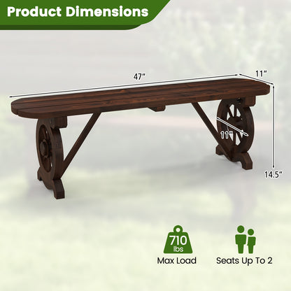Patio Wood Bench, Outdoor Rustic Wagon Wheel Bench, 2-Person Wooden Outdoor Bench For Patio, Garden, Porch, Park, 710 Lbs Weight Capacity, Brown