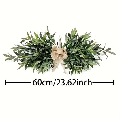 Artificial Olive Leaf Wreath with Country-Style Linen Bow - Plastic Green Plant Wall Decoration for Weddings, Christmas And June Festivals, Maintenance-Free Home Decoration, Farmhouse Door Wall Decoration, Holiday Embellishment