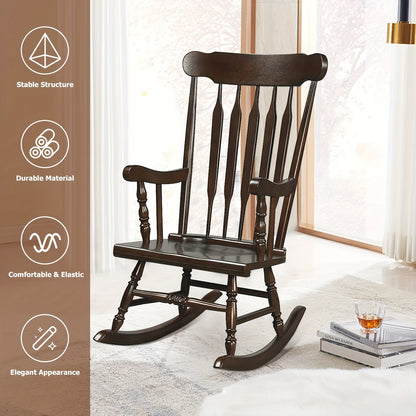 1pc Traditional Solid Wood Rocking Chair, Porch Rocker With Glossy Coffee Finish, Indoor/Outdoor Comfortable Seating, 300 Lbs Weight Capacity, 46.5" Height