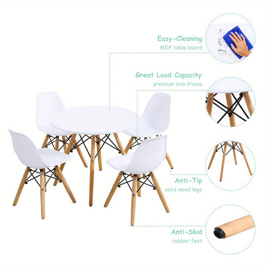 5pcs Kids Mid-Century Modern Table Set Round Table w/ 4 Armless Chairs White