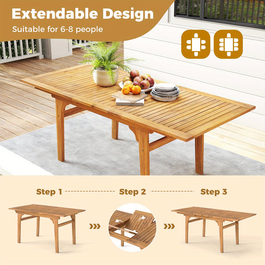 Expandable Outdoor Dining Table for 6-8 Person, 55" -71" Acacia Wood Patio Table with 1. 97" Umbrella Hole and Slatted Tabletop, Rectangular Table for Garden, Yard, Deck