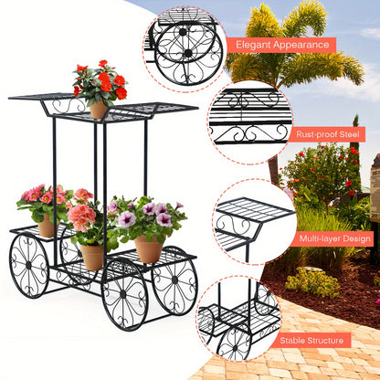 Metal Garden Cart Stand, Flower Rack Display Decor Flower Pot Plant Holder, 6 Tiers Flower Pot Display Rack Perfect for Home, Garden, Patio, Heavy Duty Freestanding Outdoor/Indoor Garden Shelf Black
