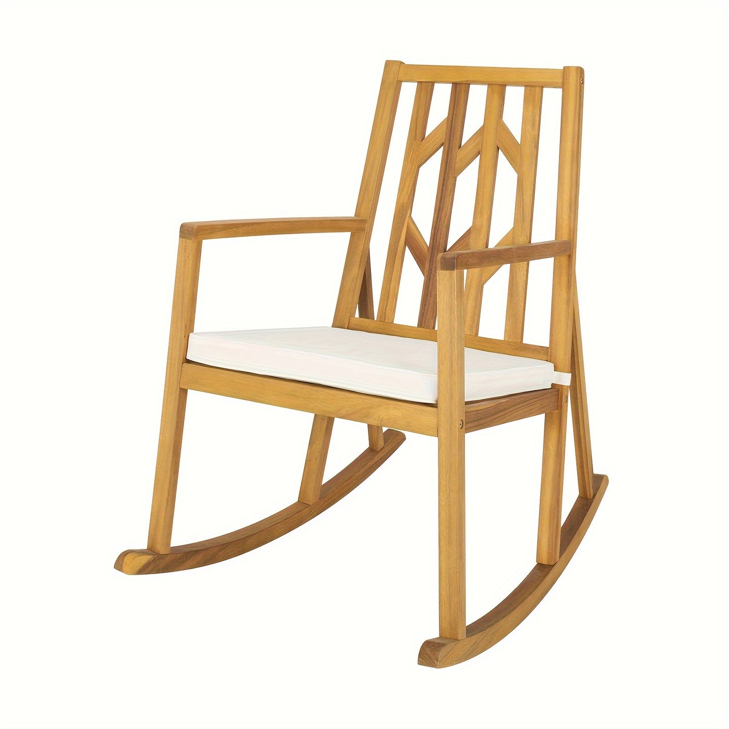 Elegant Acacia Wood Patio Rocking Chair with Cozy White Cushioned Seat, Armrests, and High Backrest - Sturdy, Safe Design for Garden or Deck Use, Outdoor Patio Furniture