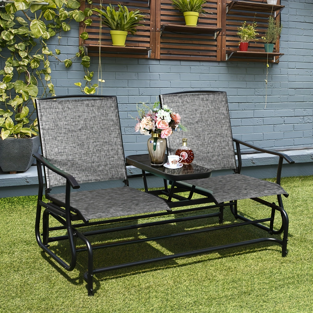 Patio Bench Glider Chair With Metal Frame, Center Tempered Glass Table, Outside Double Rocking Swing Loveseat For Porch, Garden, Poolside, Balcony, Lawn Rocker Outdoor Glider Bench (Gray)