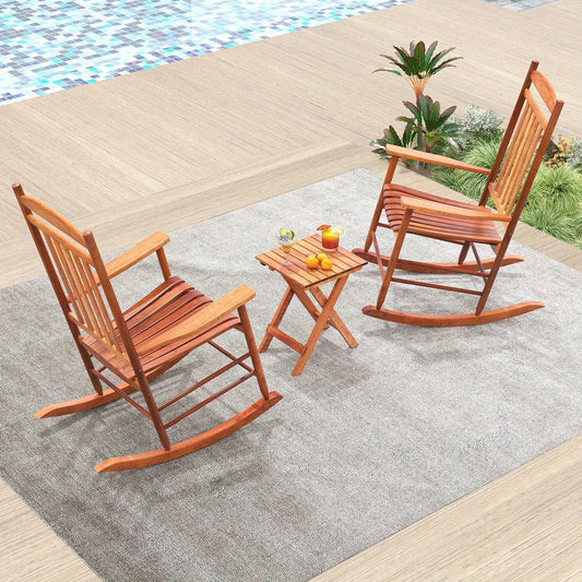 3pcs COSTWAY Outdoor Poplar Wood Rocking Bistro Set with Armrests, High Back Chairs & Folding Coffee Table - Ideal for Patio, Porch, Garden Relaxation, Outdoor Patio Furniture