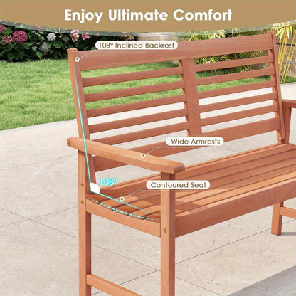 Outdoor 2-Seat Patio Loveseat Bench with Inclined Backrest & Slatted Seat - Solid Hardwood Armchair, Weather-Resistant Teak Finish, No Electricity Needed for Backyard, Poolside, Front Porch, Outdoor Furniture, Poolside Seating