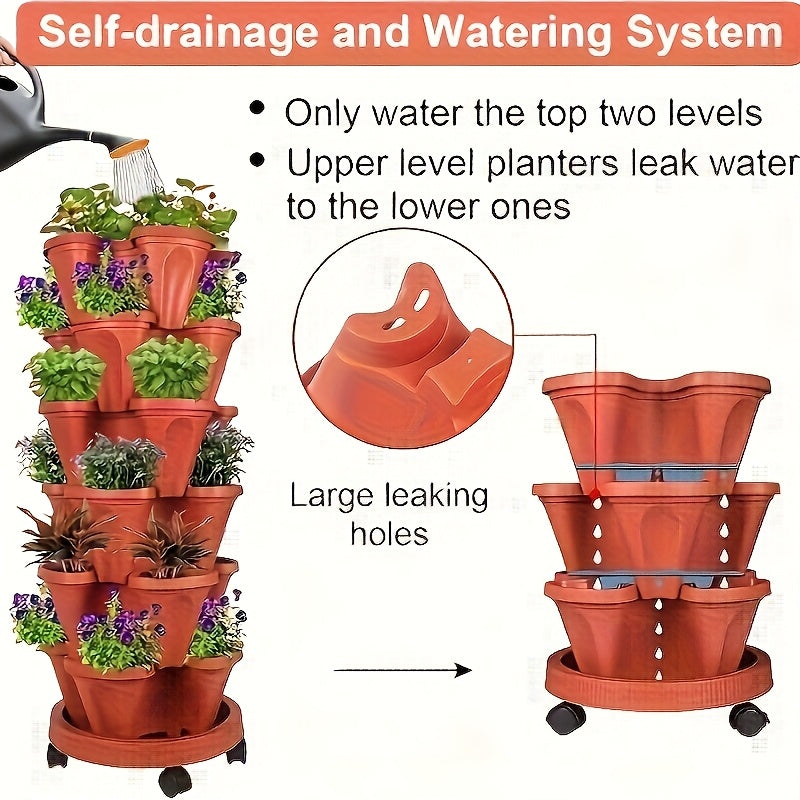 16pcs 5-Tier Stackable Vertical Garden Pots With Wheels | Durable Plastic Indoor/Outdoor Planters For Flowers, Herbs, Strawberries, Vegetables | Includes Flower Pots, Drainage Nets & Disk, Extra Large Flower Pots, Mobile Flower Pots, Wheeled Planters