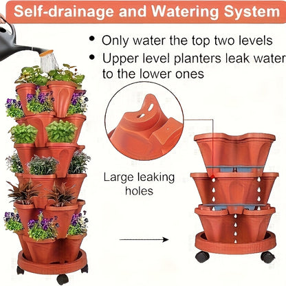 16pcs 5-Tier Stackable Vertical Garden Pots With Wheels | Durable Plastic Indoor/Outdoor Planters For Flowers, Herbs, Strawberries, Vegetables | Includes Flower Pots, Drainage Nets & Disk, Extra Large Flower Pots, Mobile Flower Pots, Wheeled Planters