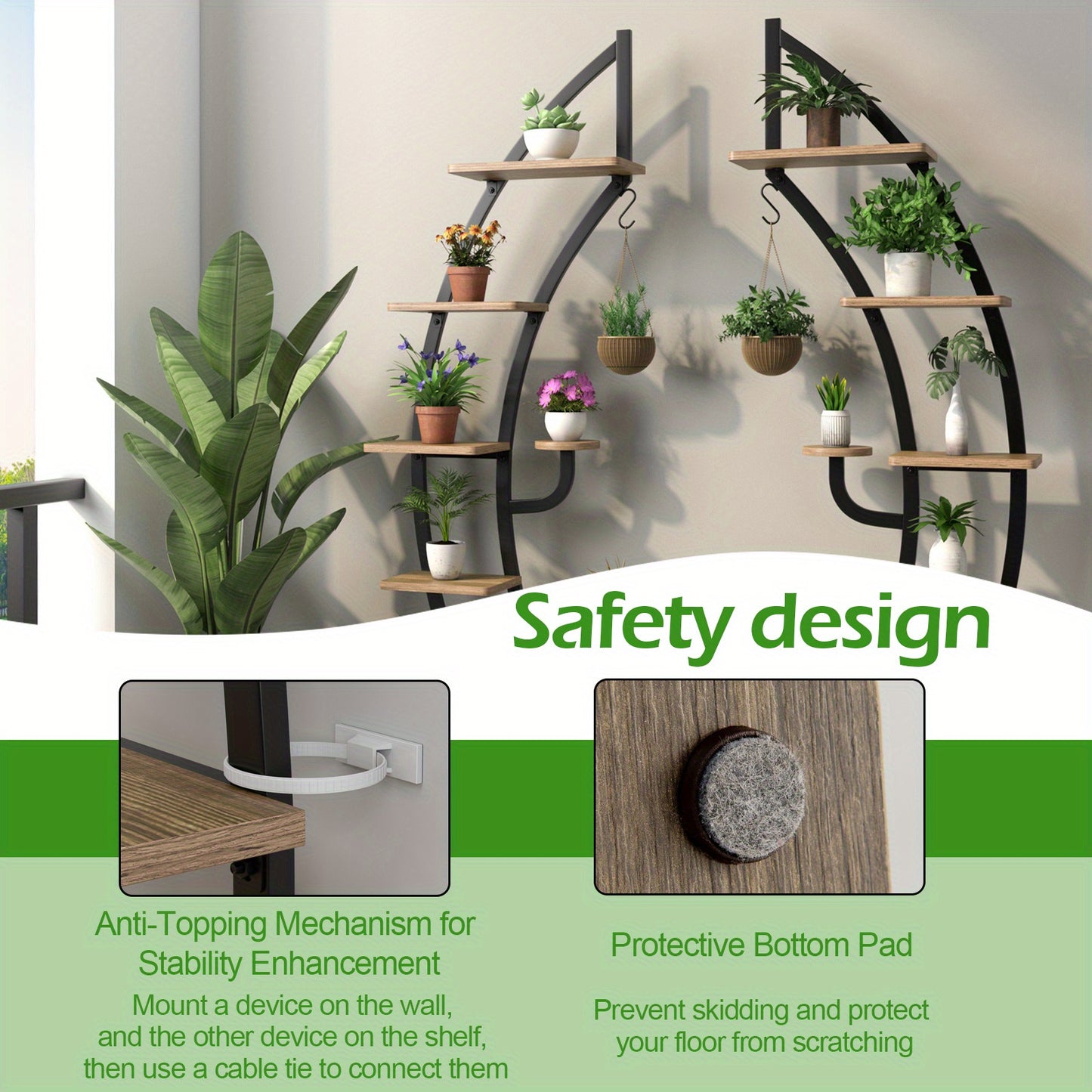 6 Tier Metal Plant Stand, Half Moon Shape Ladder Planter Organizer w/Hook, Multifunctional Curved Flower Pot Rack, Indoor Bonsai Display Shelf for Living Room, Bedroom, Balcony