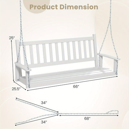 [Heavy Duty Porch Swing] 3-Person Heavy Duty White Wooden Porch Swing - Adjustable Height, Solid Poplar Wood, Galvanized Metal Chains, Slatted Backrest & Curved Seat - Ideal for Patio, Garden, Backyard