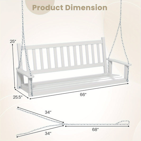 [Heavy Duty Porch Swing] 3-Person Heavy Duty White Wooden Porch Swing - Adjustable Height, Solid Poplar Wood, Galvanized Metal Chains, Slatted Backrest & Curved Seat - Ideal for Patio, Garden, Backyard